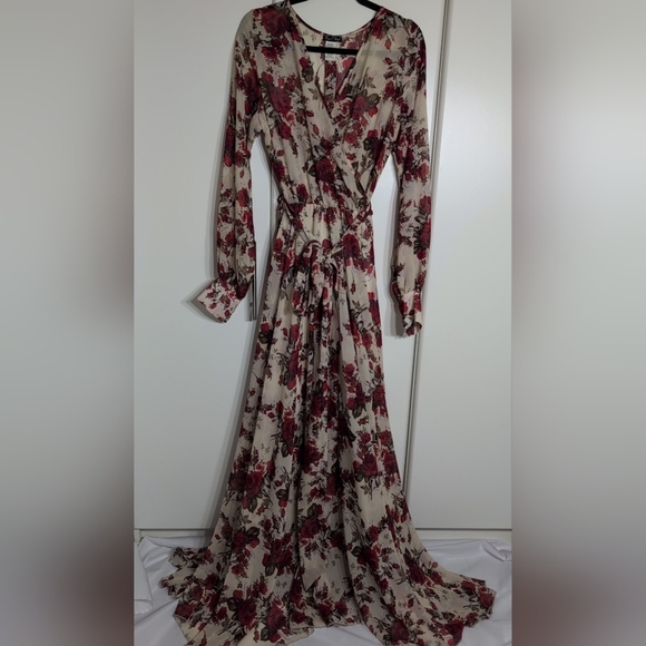 Floral Karen T Designs Red Floral Long Sleeve Gown for Wedding Guest - Picture 2 of 7